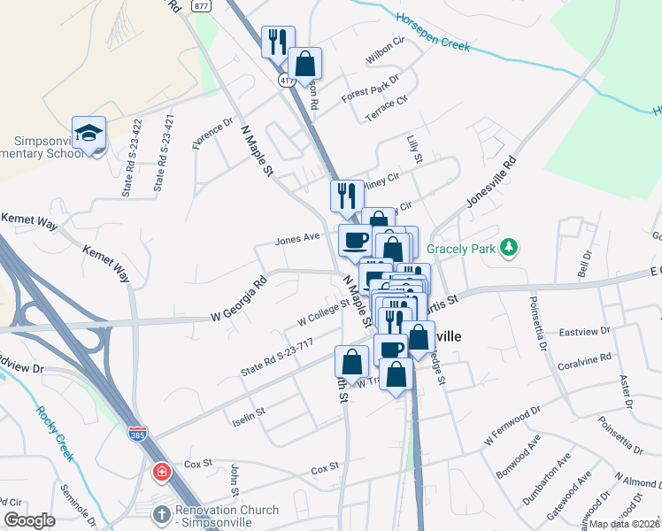 map of restaurants, bars, coffee shops, grocery stores, and more near 301 North Maple Street in Simpsonville