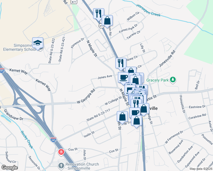 map of restaurants, bars, coffee shops, grocery stores, and more near 177 County Road 272 in Simpsonville