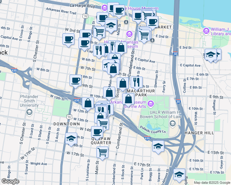 map of restaurants, bars, coffee shops, grocery stores, and more near 900 Scott Street in Little Rock