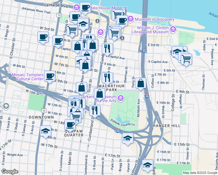 map of restaurants, bars, coffee shops, grocery stores, and more near 402 East 9th Street in Little Rock