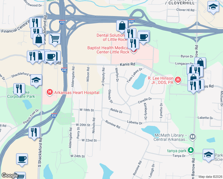 map of restaurants, bars, coffee shops, grocery stores, and more near 1408 Glenda Drive in Little Rock