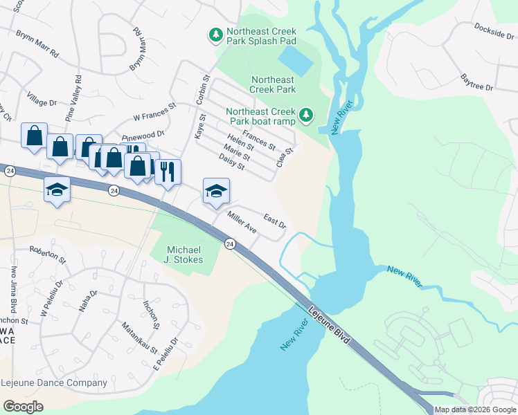 map of restaurants, bars, coffee shops, grocery stores, and more near 19 East Drive in Jacksonville
