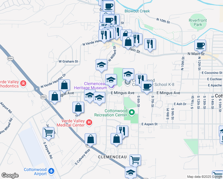 map of restaurants, bars, coffee shops, grocery stores, and more near 1 North Willard Street in Cottonwood