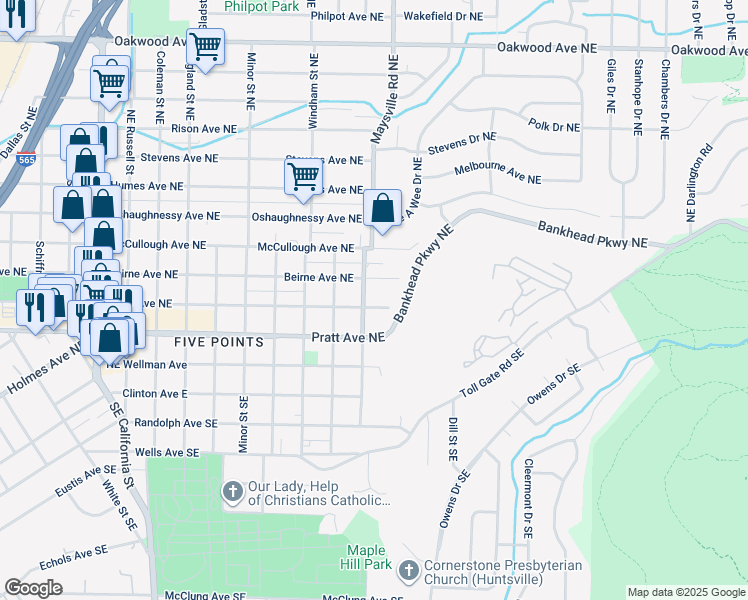 map of restaurants, bars, coffee shops, grocery stores, and more near 1707 Ward Avenue Northeast in Huntsville