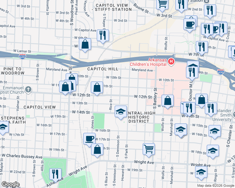 map of restaurants, bars, coffee shops, grocery stores, and more near 2320 West 12th Street in Little Rock