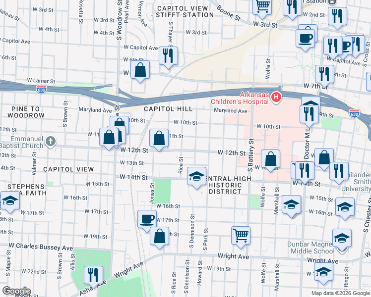 map of restaurants, bars, coffee shops, grocery stores, and more near 2320 West 12th Street in Little Rock