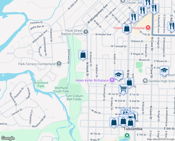 map of restaurants, bars, coffee shops, grocery stores, and more near 728 North Hook Street in Tuscumbia