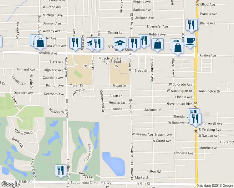 map of restaurants, bars, coffee shops, grocery stores, and more near 112 Aidan Lane in Muscle Shoals