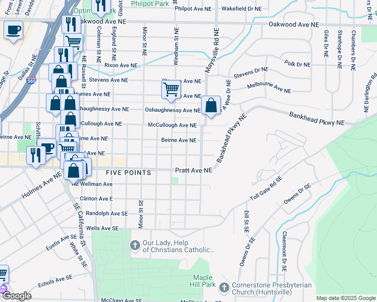 map of restaurants, bars, coffee shops, grocery stores, and more near 1603 Ward Avenue Northeast in Huntsville