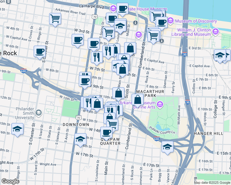 map of restaurants, bars, coffee shops, grocery stores, and more near 904 Main Street in Little Rock