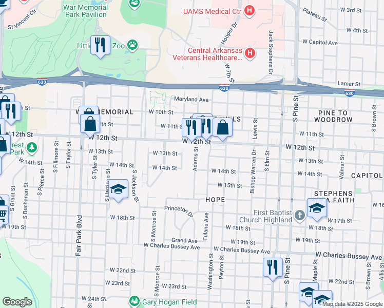 map of restaurants, bars, coffee shops, grocery stores, and more near 1220 Adams Street in Little Rock