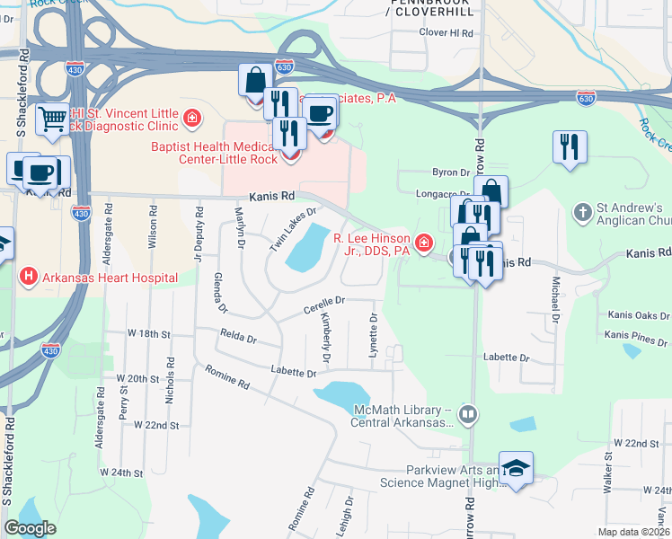 map of restaurants, bars, coffee shops, grocery stores, and more near 1415 East Twin Lakes Drive in Little Rock