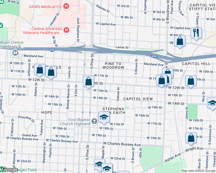 map of restaurants, bars, coffee shops, grocery stores, and more near 1212 South Valentine Street in Little Rock