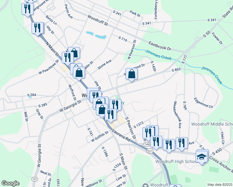map of restaurants, bars, coffee shops, grocery stores, and more near 246 East Hayne Street in Woodruff