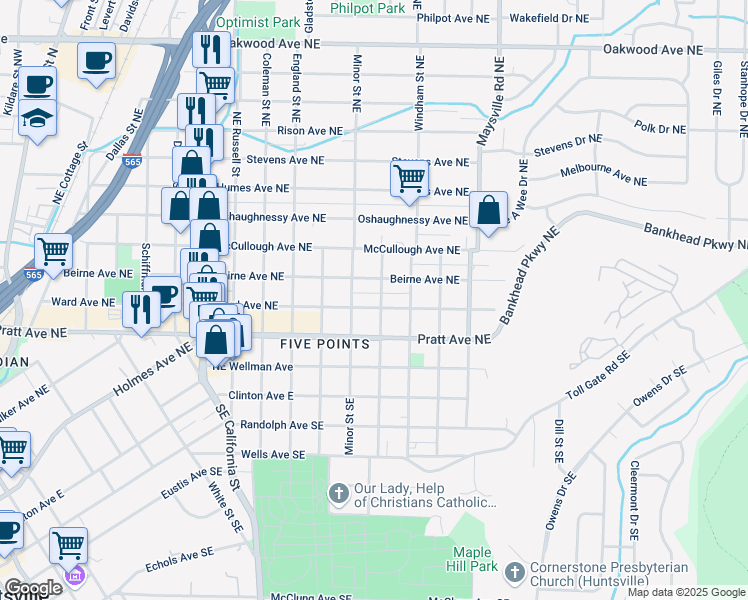 map of restaurants, bars, coffee shops, grocery stores, and more near 1321 Ward Avenue Northeast in Huntsville