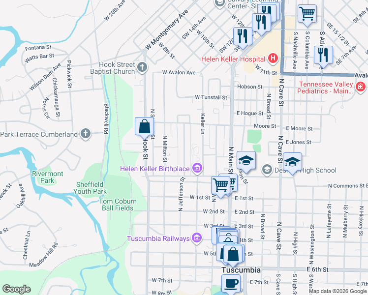 map of restaurants, bars, coffee shops, grocery stores, and more near 699 N Jefferson St in Tuscumbia