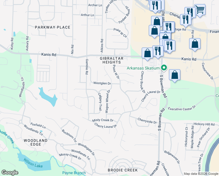 map of restaurants, bars, coffee shops, grocery stores, and more near 1610 Wagon Wheel Drive in Little Rock