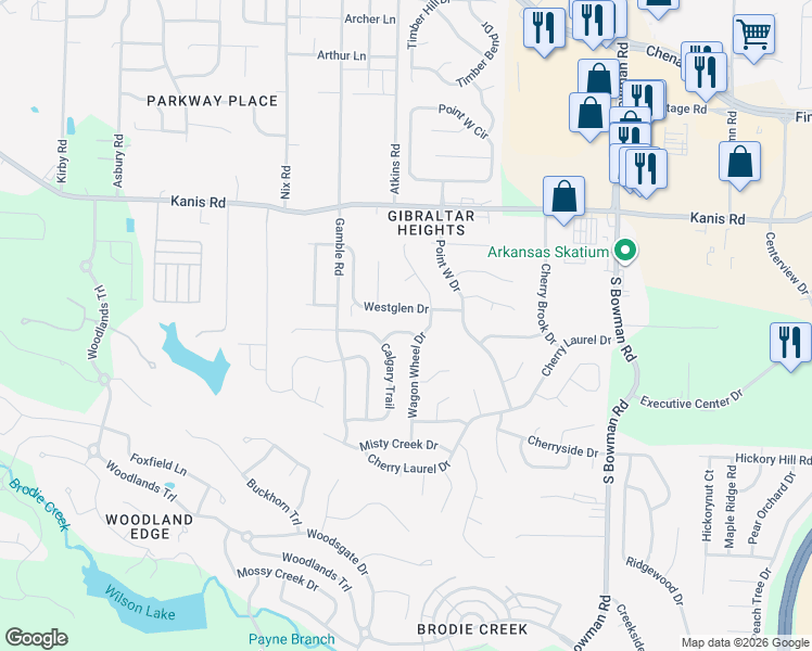 map of restaurants, bars, coffee shops, grocery stores, and more near 1610 Wagon Wheel Drive in Little Rock