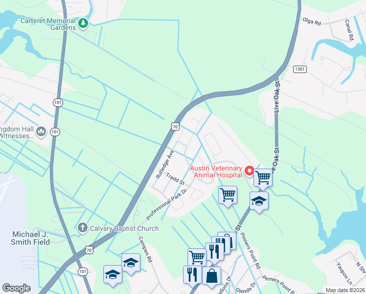 map of restaurants, bars, coffee shops, grocery stores, and more near 423 Meeting Street in Beaufort