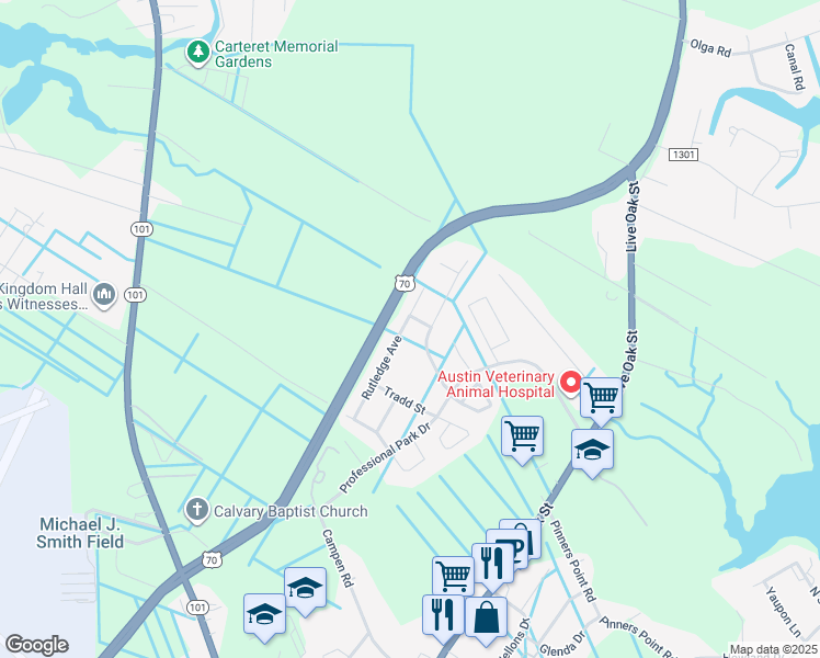 map of restaurants, bars, coffee shops, grocery stores, and more near 423 Meeting Street in Beaufort