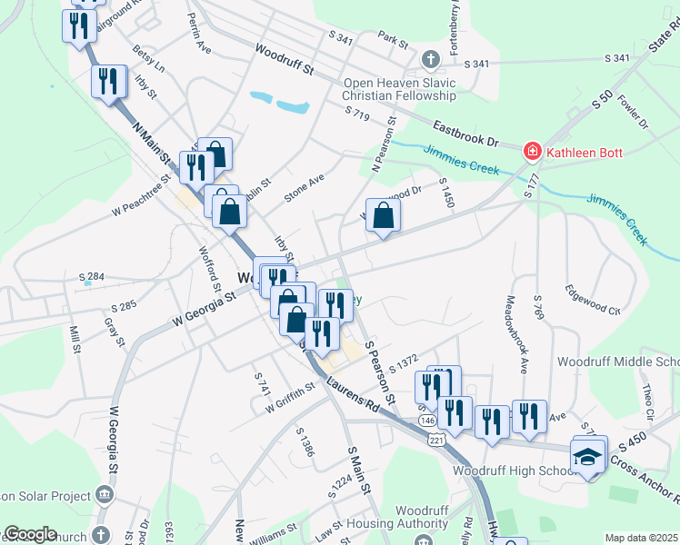 map of restaurants, bars, coffee shops, grocery stores, and more near 246 East Hayne Street in Woodruff