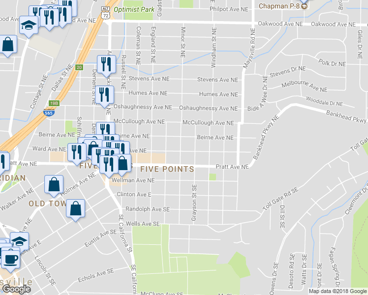 map of restaurants, bars, coffee shops, grocery stores, and more near 1321 Ward Avenue Northeast in Huntsville
