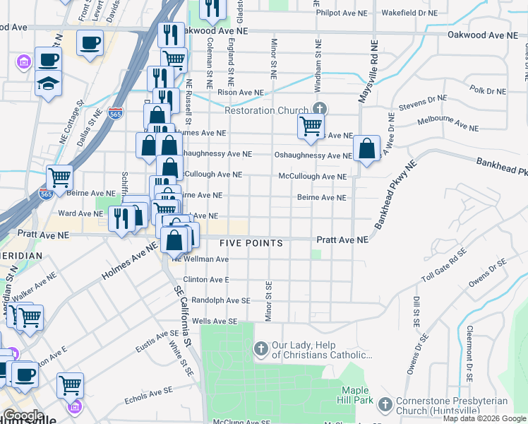 map of restaurants, bars, coffee shops, grocery stores, and more near 1213 Ward Avenue Northeast in Huntsville
