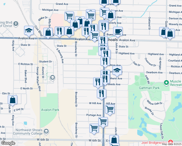 map of restaurants, bars, coffee shops, grocery stores, and more near in Muscle Shoals