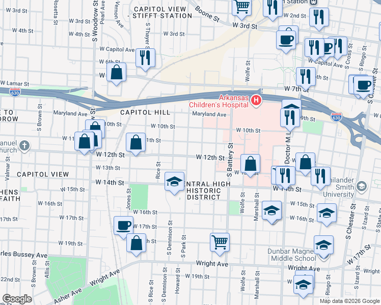 map of restaurants, bars, coffee shops, grocery stores, and more near 1118 South Park Street in Little Rock