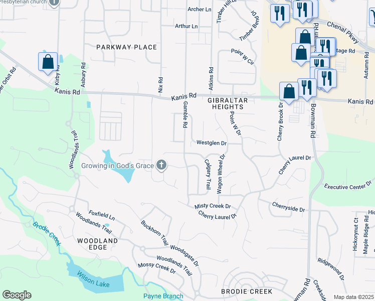 map of restaurants, bars, coffee shops, grocery stores, and more near 1601 Calgary Trail in Little Rock