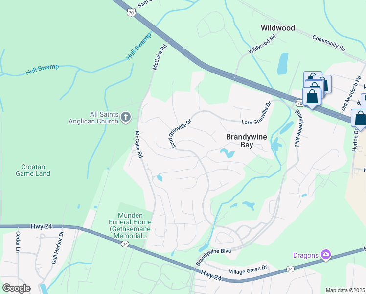 map of restaurants, bars, coffee shops, grocery stores, and more near 312 Lord Granville Drive in Morehead City