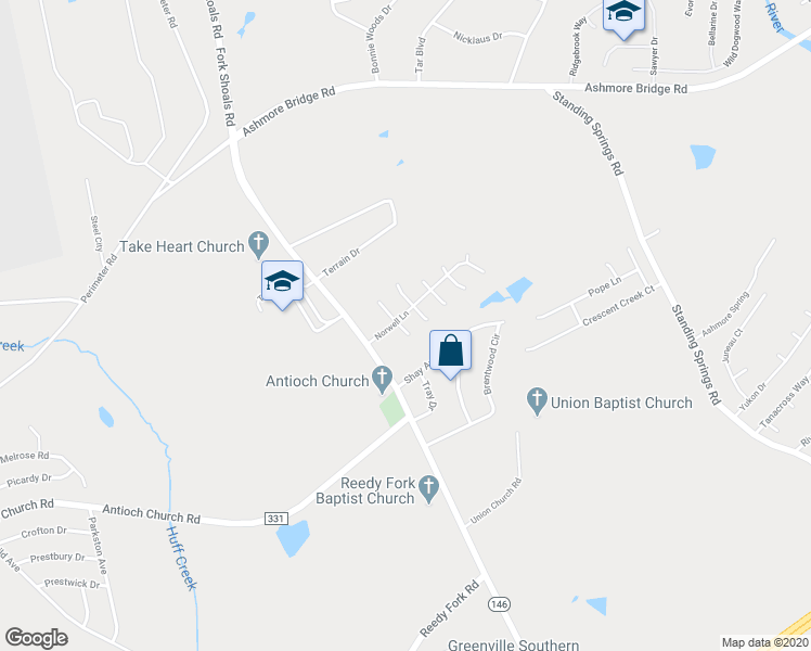 map of restaurants, bars, coffee shops, grocery stores, and more near 103 Becket Court in Greenville