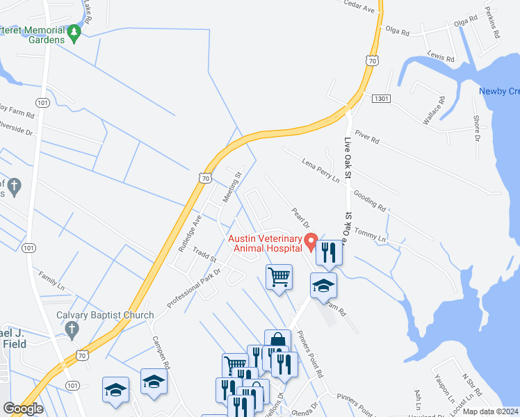 map of restaurants, bars, coffee shops, grocery stores, and more near 1503 Courtyard East in Beaufort