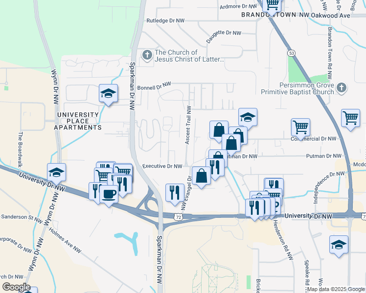 map of restaurants, bars, coffee shops, grocery stores, and more near 1411 Ascent Trail Northwest in Huntsville