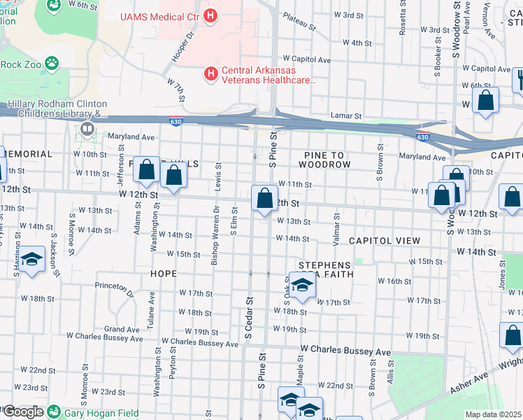 map of restaurants, bars, coffee shops, grocery stores, and more near 3917 West 12th Street in Little Rock
