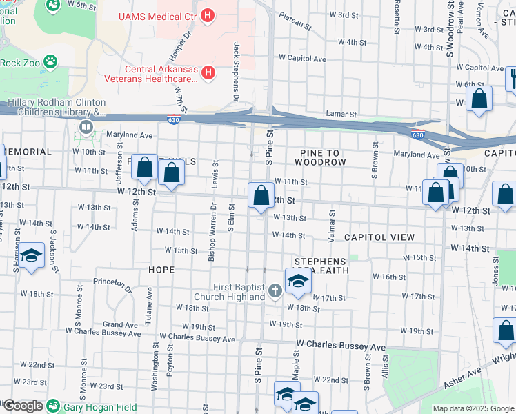 map of restaurants, bars, coffee shops, grocery stores, and more near 3917 West 12th Street in Little Rock