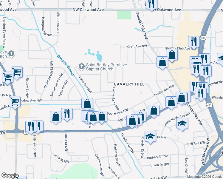 map of restaurants, bars, coffee shops, grocery stores, and more near in Huntsville