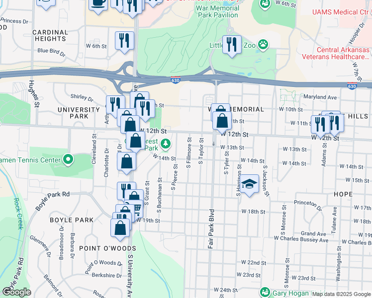 map of restaurants, bars, coffee shops, grocery stores, and more near 1302 South Fillmore Street in Little Rock