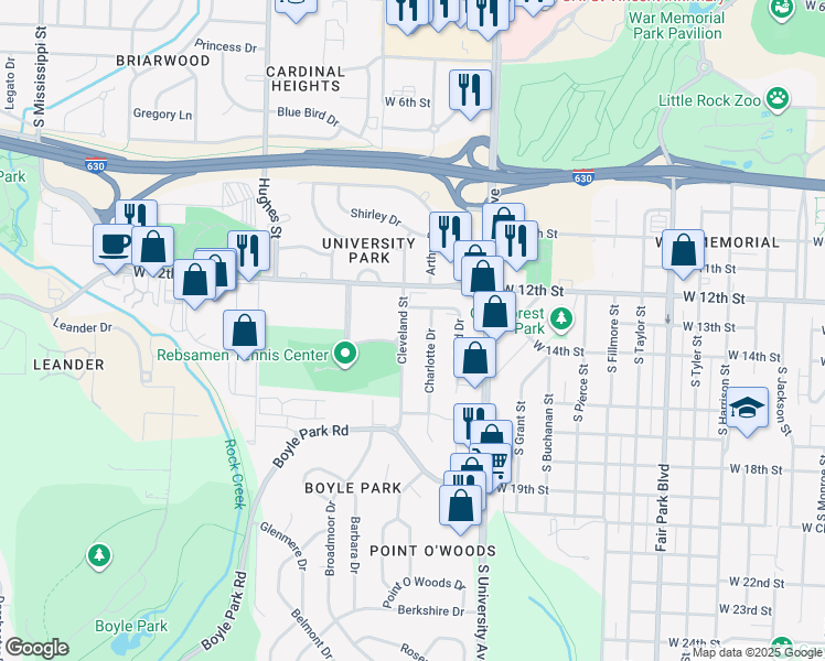 map of restaurants, bars, coffee shops, grocery stores, and more near 1319 South Cleveland Street in Little Rock