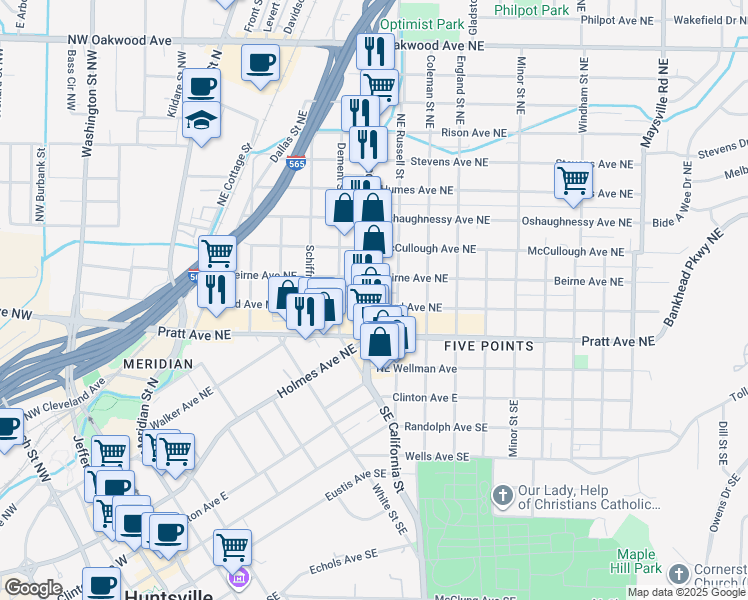 map of restaurants, bars, coffee shops, grocery stores, and more near 701 Ward Avenue Northeast in Huntsville