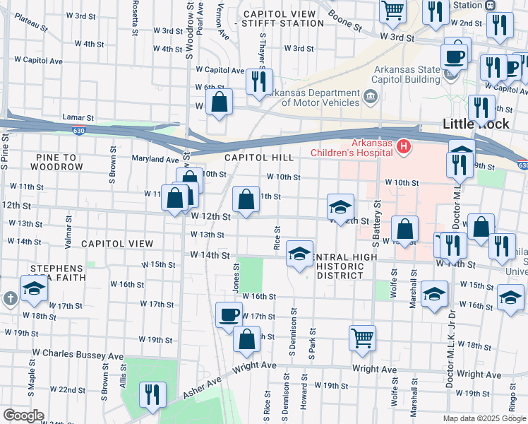 map of restaurants, bars, coffee shops, grocery stores, and more near 1119 Thayer Street in Little Rock