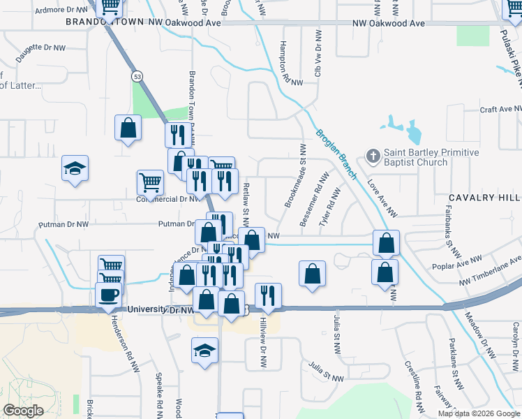 map of restaurants, bars, coffee shops, grocery stores, and more near 1107 Hewitt Street Northwest in Huntsville
