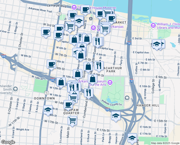 map of restaurants, bars, coffee shops, grocery stores, and more near 822 Cumberland Street in Little Rock