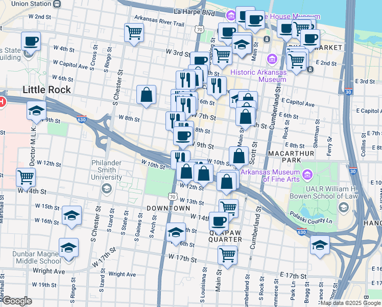 map of restaurants, bars, coffee shops, grocery stores, and more near 913 South Spring Street in Little Rock