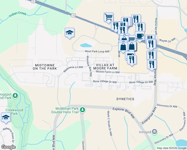 map of restaurants, bars, coffee shops, grocery stores, and more near 6300 Rime Village Drive Northwest in Huntsville