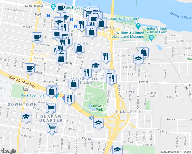 map of restaurants, bars, coffee shops, grocery stores, and more near 816 Sherman Street in Little Rock