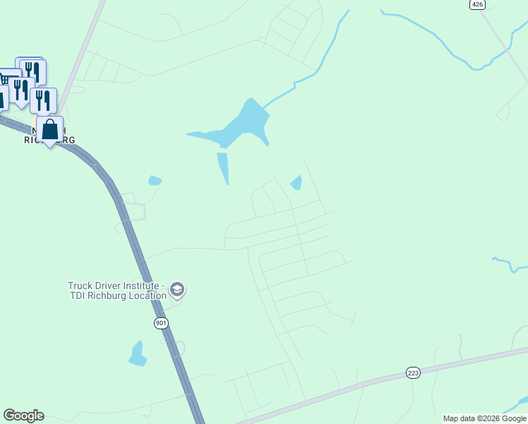 map of restaurants, bars, coffee shops, grocery stores, and more near 1255 Lavender Drive in Richburg