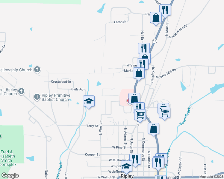map of restaurants, bars, coffee shops, grocery stores, and more near 104 Cunningham Drive in Ripley