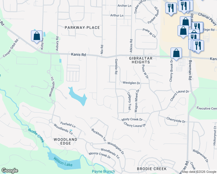 map of restaurants, bars, coffee shops, grocery stores, and more near 1505 Calgary Cove in Little Rock