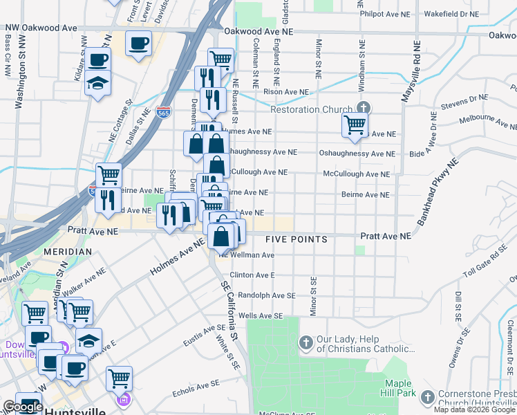 map of restaurants, bars, coffee shops, grocery stores, and more near 400 Coleman Street Northeast in Huntsville